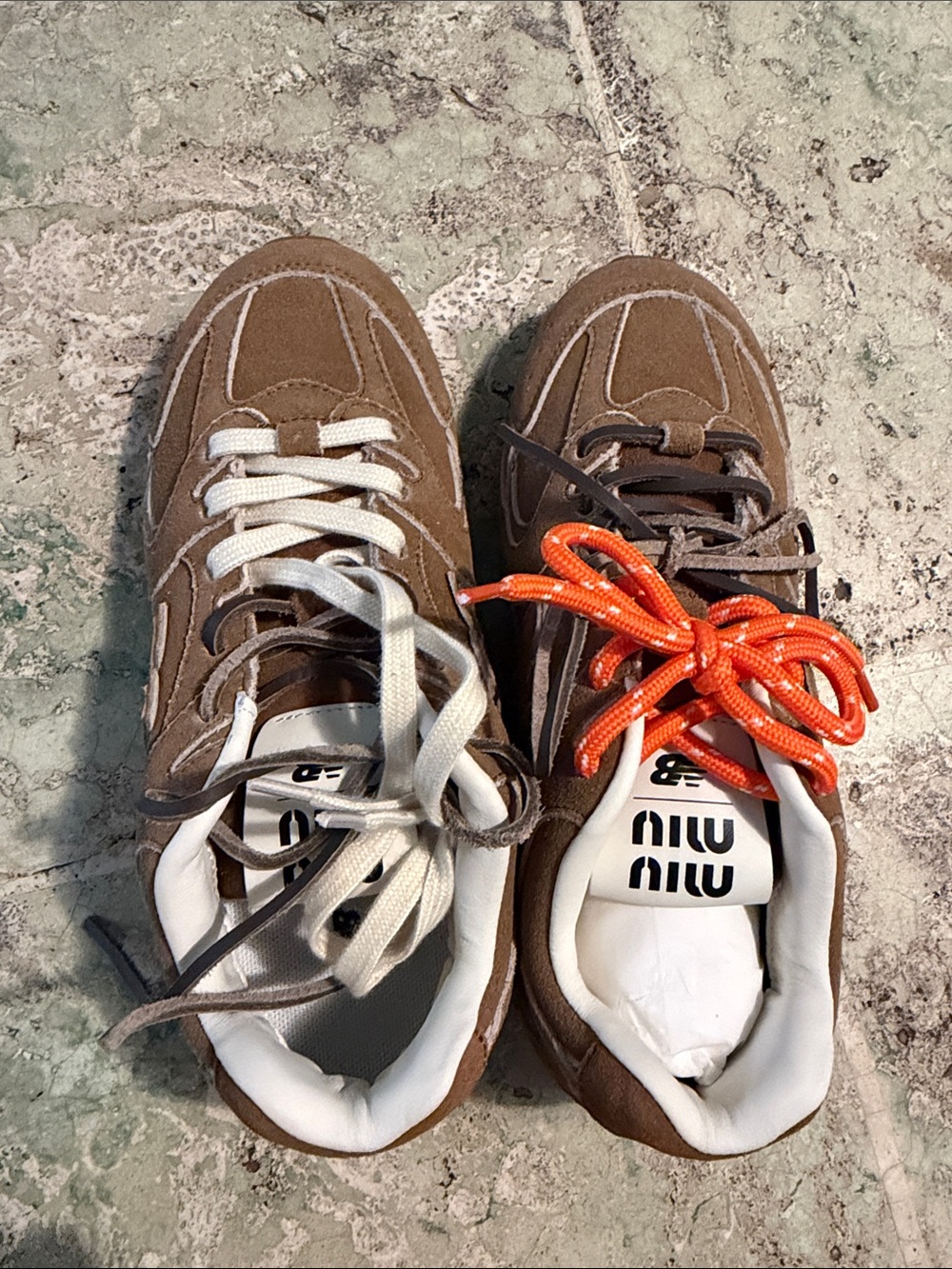 Miu Miu Brown Suede Sneakers with White and Orange Laces